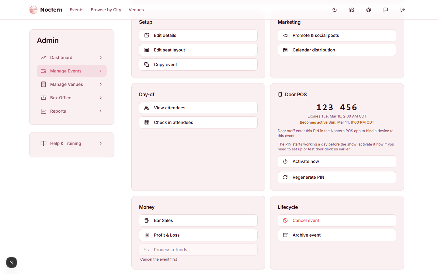 Door POS card on the event detail page showing the PIN, its activation window, and the Activate now button