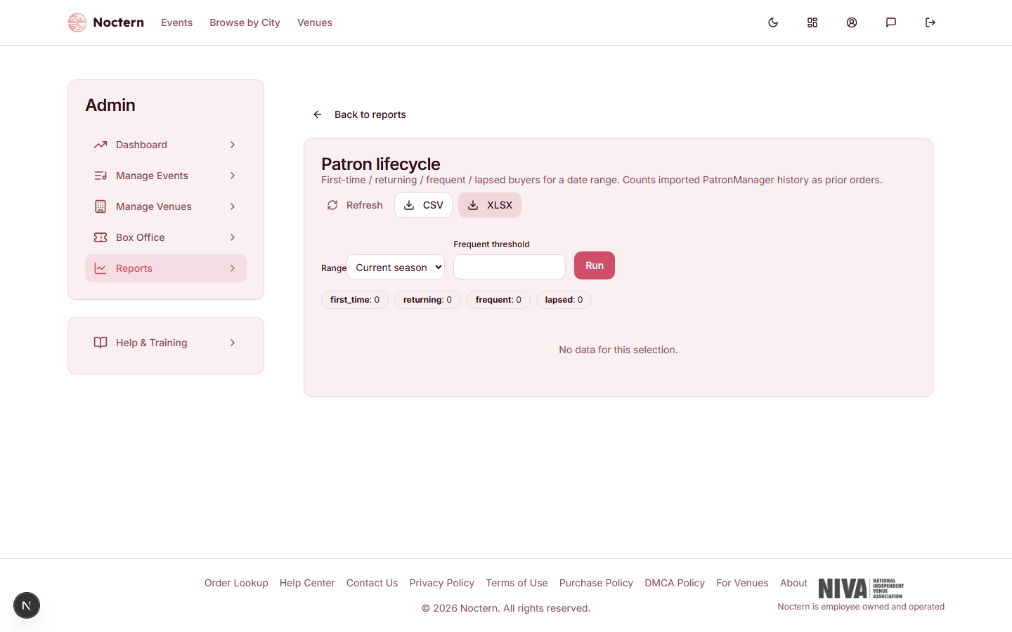 Lifecycle report page showing four tabs — First-time, Returning, Frequent, and Lapsed — with the First-time tab active and a table of patrons with their first order date