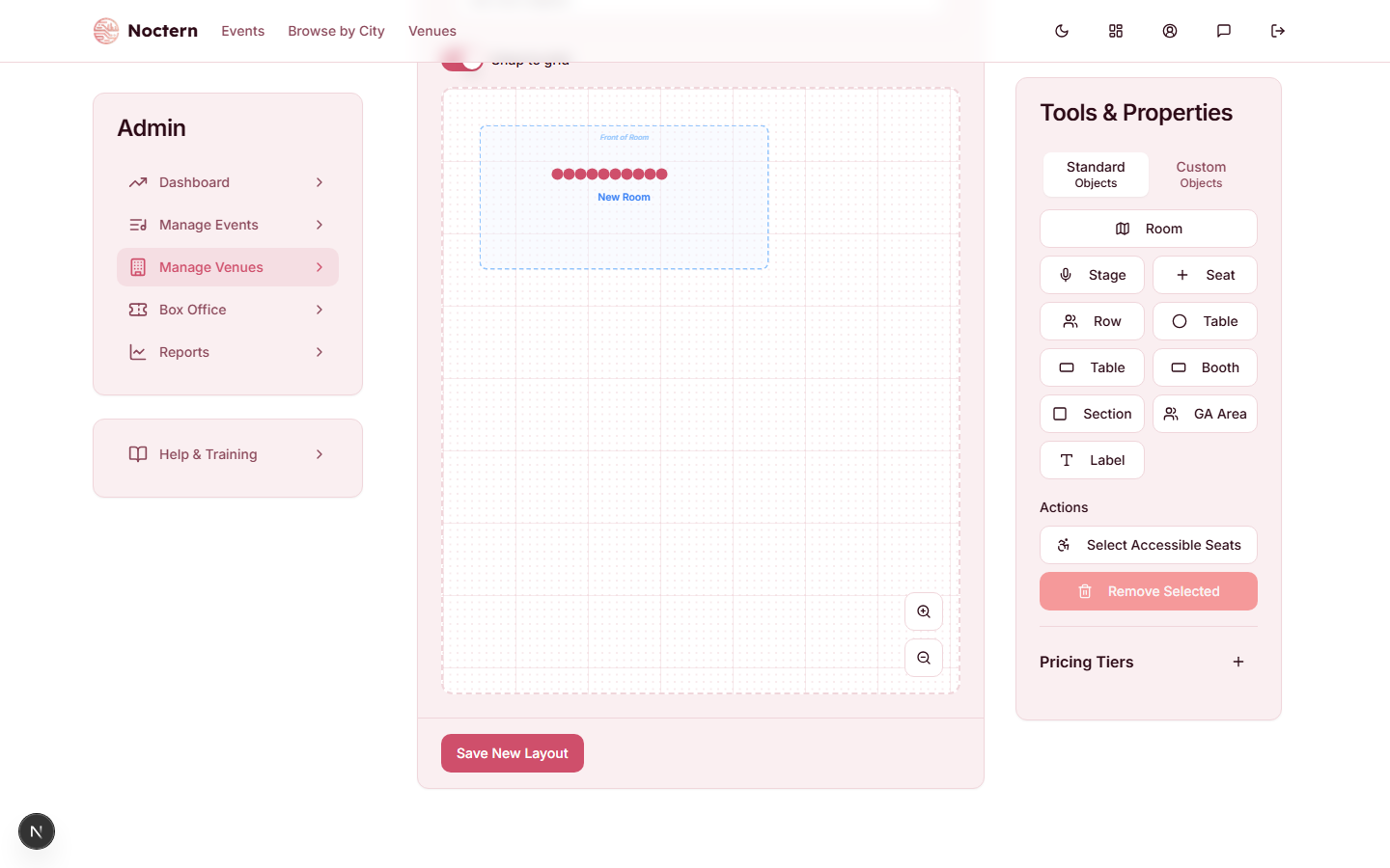 Seat map layout editor showing the canvas with a room, seat rows, and a tools panel