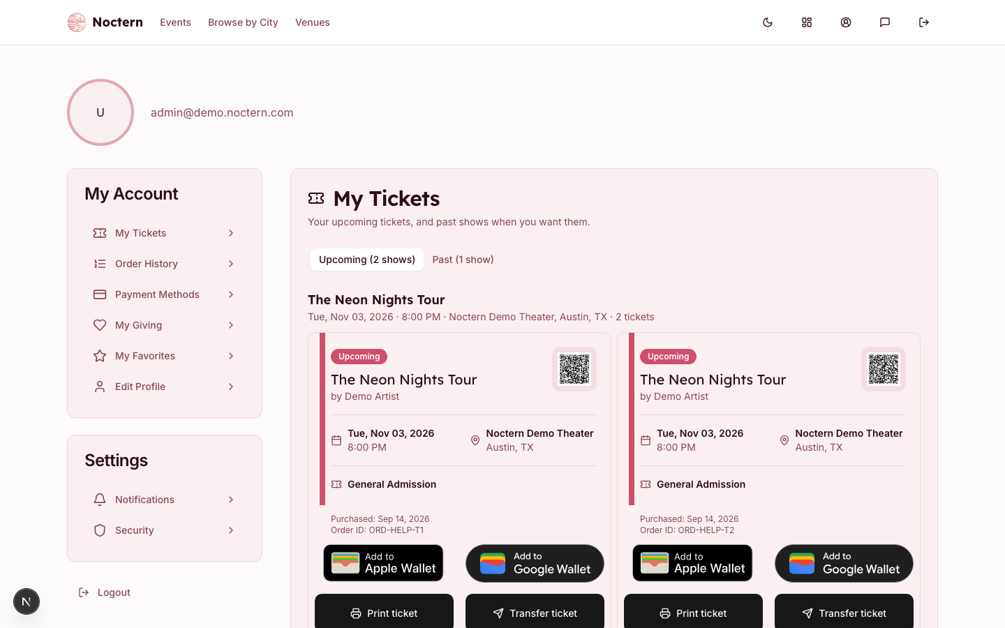 My Tickets page with the Upcoming tab selected, showing a show header and its ticket cards