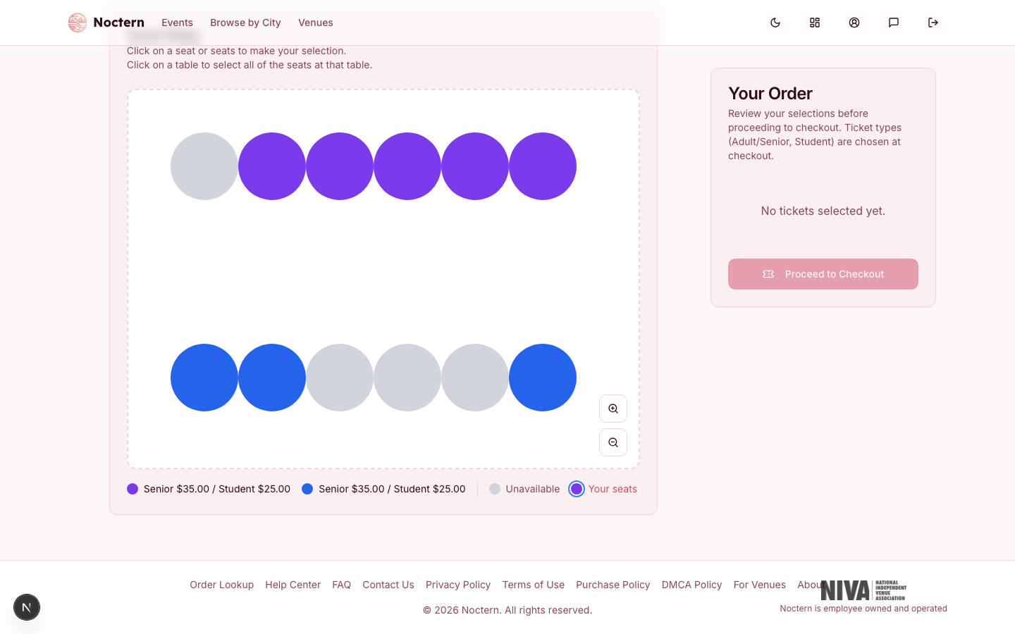 Public reserved-seating map with unavailable seats shown in grey